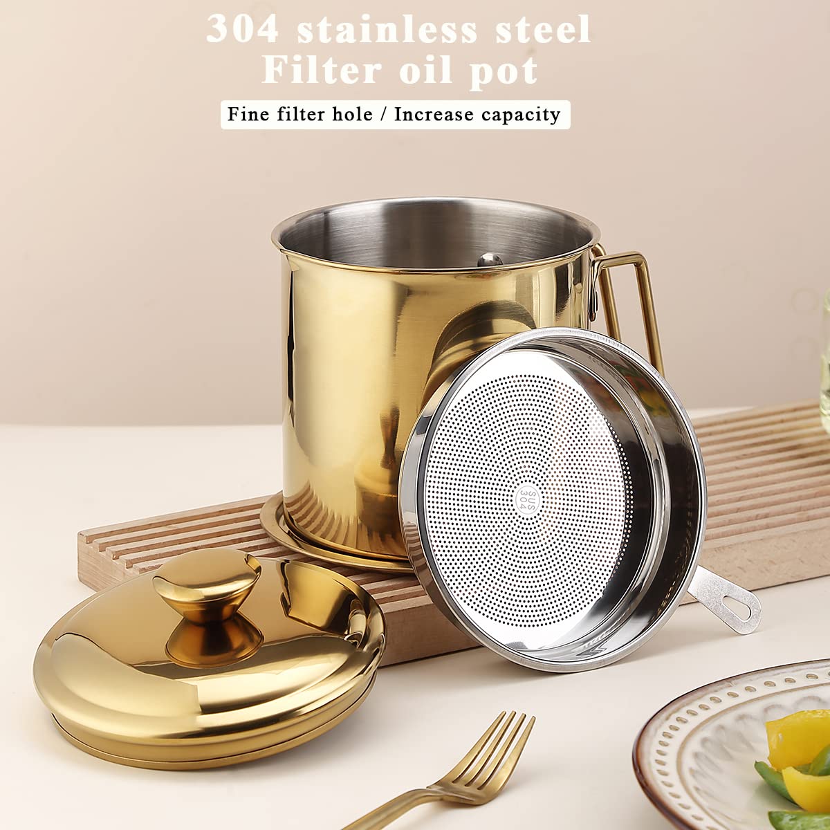 Berglander Gold Bacon Grease Container With Strainer 47oz/1.4L  Titanium Golden Plating Stainless Steel Oil Storage Container with Fine Mesh Strainer Dust-proof for Storing Frying Oil and Cooking Fat